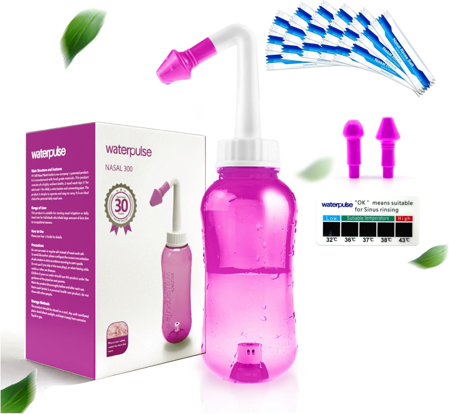 Waterpulse Neti Pot Sinus Rinsing, Nasal Wash Bottle Sinus Rinsing Bottle Cleaner Pressure Irrigation Neti-Pot with Sticker Thermometer for Adult & Kid BPA Free (Pink)