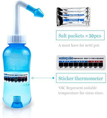 Waterpulse Neti Pot Sinus Rinsing,Nasal Wash Bottle Sinus Rinsing Bottle Cleaner Pressure Irrigation Neti-Pot with Sticker Thermometer for Adult & Kid (300ml with 30 Nasal Wash Salt Packets,Blue)