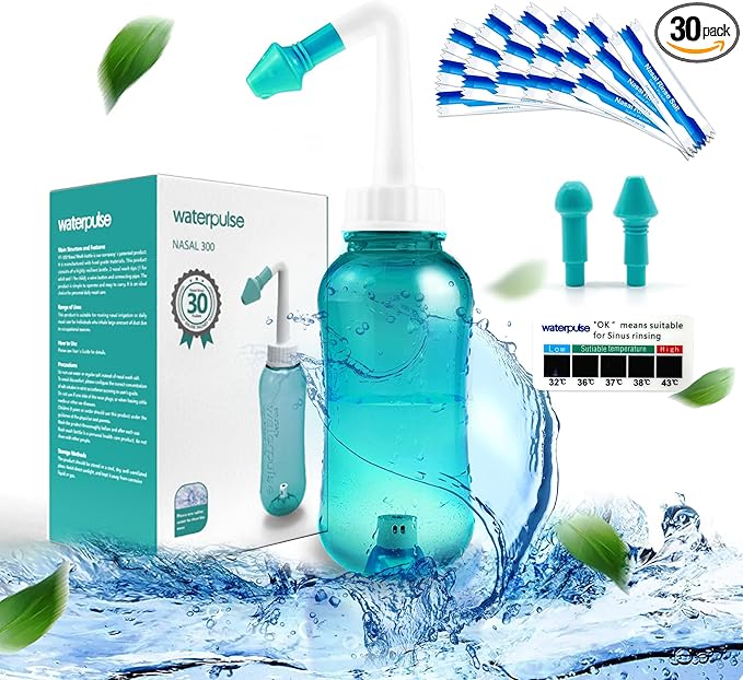 Waterpulse Neti Pot Sinus Rinsing, Nasal Wash Bottle Sinus Rinsing Bottle Cleaner Pressure Irrigation Neti-Pot with Sticker Thermometer for Adult & Kid BPA Free (Green)