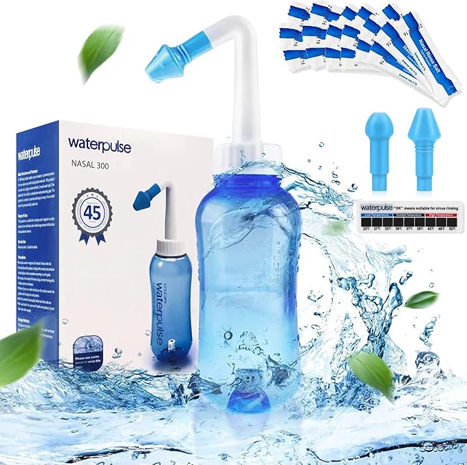 WATERPULSE Neti Pot, Sinus Rinse Nasal Wash 300ML Neti-Pot with 45 Nasal Wash Salt Packets and Sticker Thermometer，Nose Washing Cleaner Bottle Cleaner Pressure Irrigation for Adult & Kid BPA Free