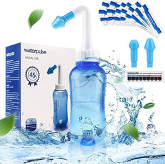 WATERPULSE Neti Pot, Sinus Rinse Nasal Wash 300ML Neti-Pot with 45 Nasal Wash Salt Packets and Sticker Thermometer，Nose Washing Cleaner Bottle Cleaner Pressure Irrigation for Adult & Kid BPA Free