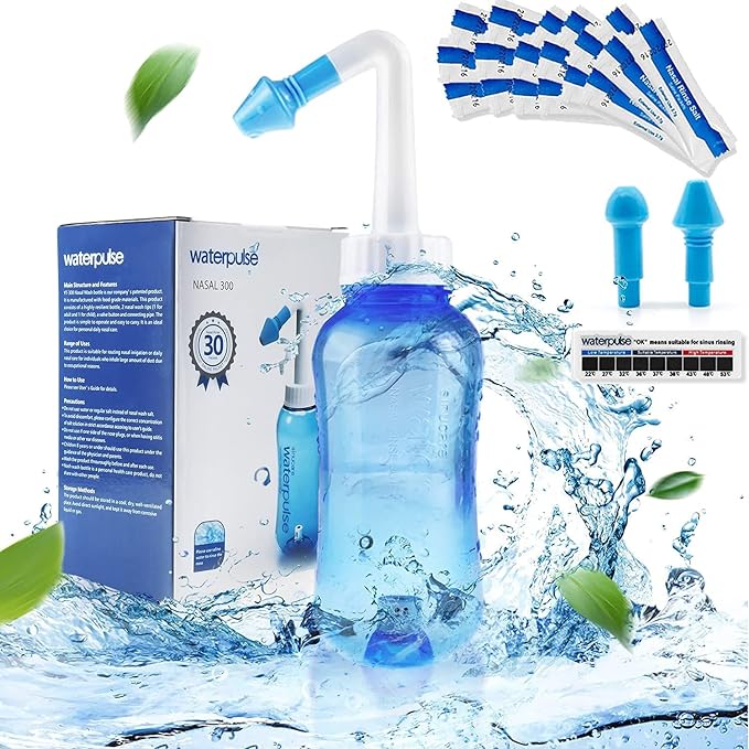Waterpulse Neti Pot Sinus Rinsing,Nasal Wash Bottle Sinus Rinsing Bottle Cleaner Pressure Irrigation Neti-Pot with Sticker Thermometer for Adult & Kid (300ml with 30 Nasal Wash Salt Packets,Blue)