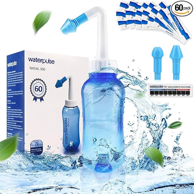 Waterpulse Neti Pot,Neti Pot Sinus Rinsing,300ml Neti Pot Sinus Rinsing Kit with 60 Packets Nasal Wash Salt and Thermometer Sticker for Adult &Children BPA Free (300ml with 60 Salt Packets)